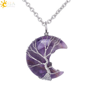 CSJA Moon Tree of Life Pink Quartz Pendant Necklace