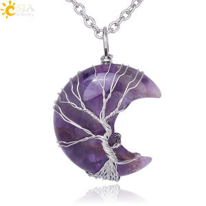 CSJA Moon Tree of Life Pink Quartz Pendant Necklace