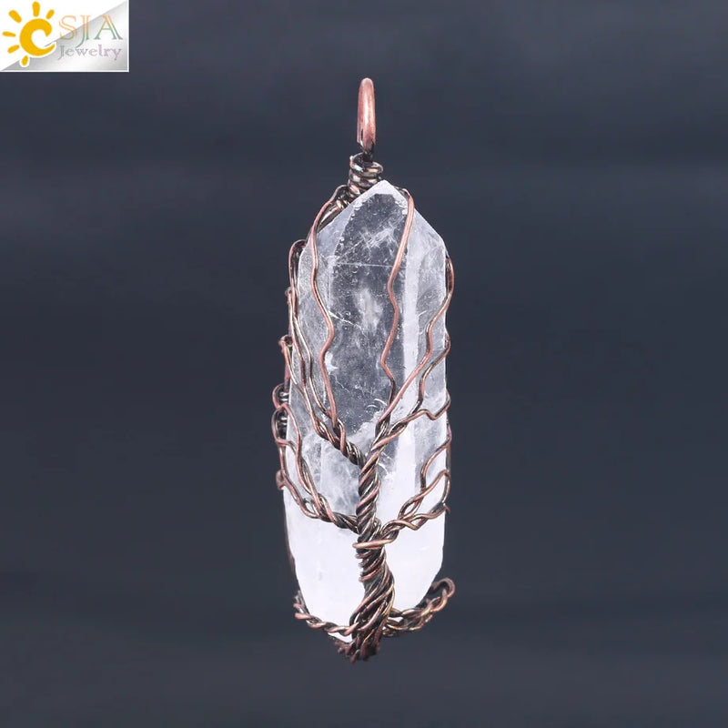 CSJA Crystal Pillar Tree of Life Pendant Antique Copper Wire Wrapped Quartz
