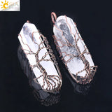 CSJA Crystal Pillar Tree of Life Pendant Antique Copper Wire Wrapped Quartz