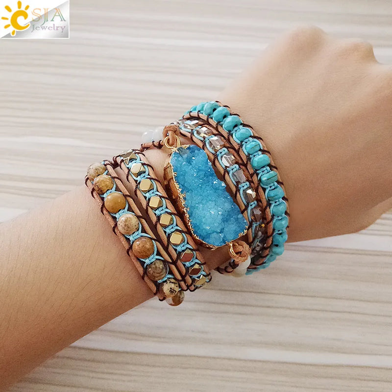 CSJA Druses Druzy Geode Slice Bracelet 5 Strands Boho Jewelry S224