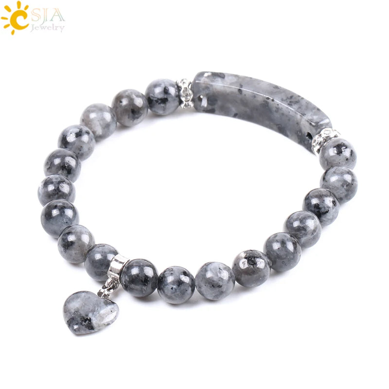CSJA Spectrolite Stone Bracelet Love Heart Charm Bangle for Women Men