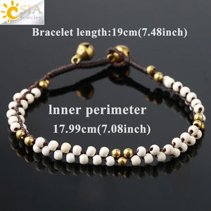 CSJA Natural Stone Bead Baby Girl Bracelet Braid Bell Ball Charm Two Row G875