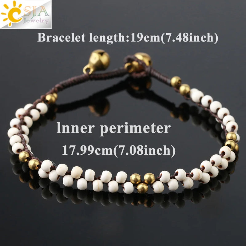 CSJA Natural Stone Bead Baby Girl Bracelet Braid Bell Ball Charm Two Row G875