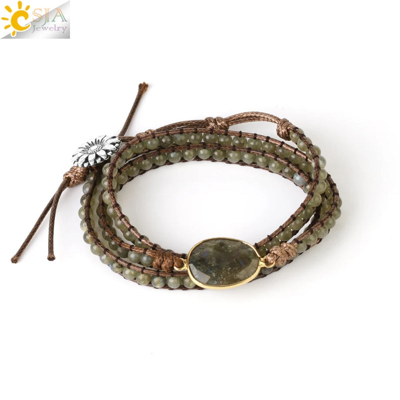 CSJA Natural Stone Beads Wrap Bracelet Real Crystal Boho Braided Jewelry