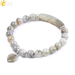 CSJA Labradorite Beaded Bangle Natural Stone Bracelet Love Heart for Men Women