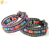 CSJA 7 Chakras Leather Wrap Bracelet with Hematite Lapis Lazuli Beads