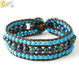 CSJA 7 Chakras Leather Wrap Bracelet with Hematite Lapis Lazuli Beads