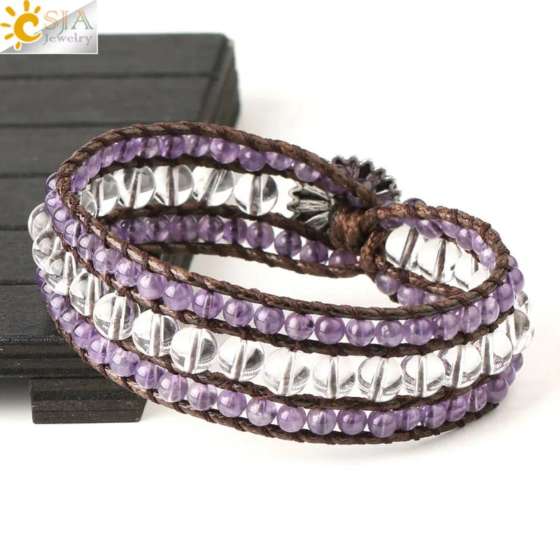 CSJA 7 Chakras Leather Wrap Bracelet with Hematite Lapis Lazuli Beads