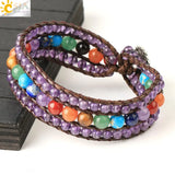 CSJA 7 Chakras Leather Wrap Bracelet with Hematite Lapis Lazuli Beads