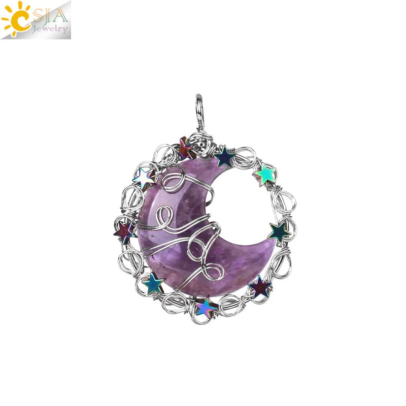 CSJA Moon Star Pendant Necklace Wire Wrap Quartz Jewelry H028