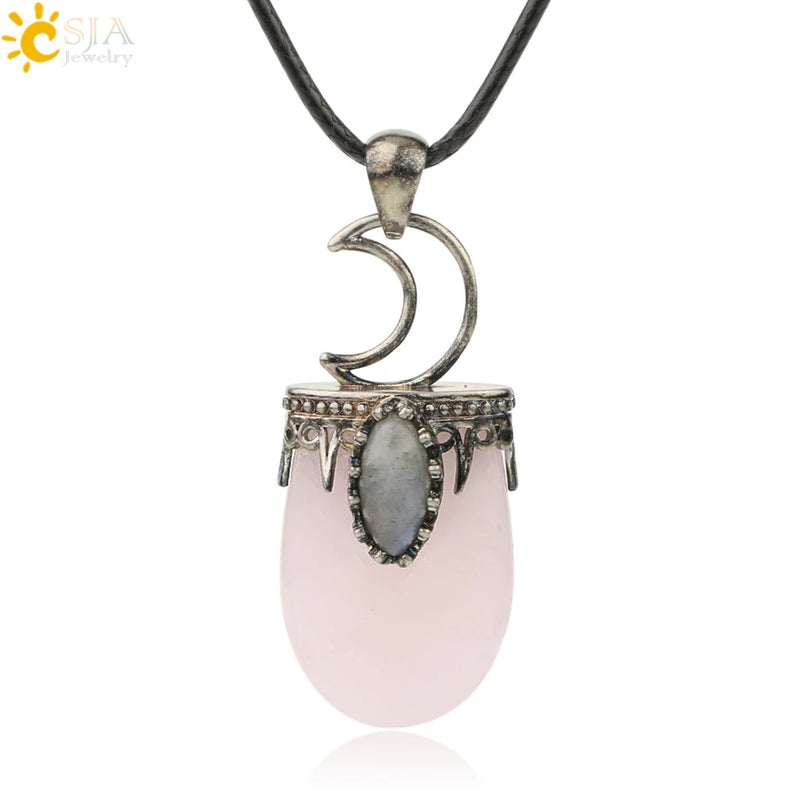 CSJA Stone Crystal Pendant Necklace Antique Silver Purple Pink Quartz Crown