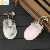 CSJA Stone Crystal Pendant Necklace Antique Silver Purple Pink Quartz Crown