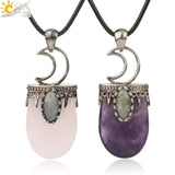 CSJA Stone Crystal Pendant Necklace Antique Silver Purple Pink Quartz Crown