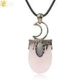 CSJA Stone Crystal Pendant Necklace Antique Silver Purple Pink Quartz Crown