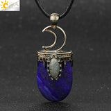 CSJA Stone Crystal Pendant Necklace Antique Silver Purple Pink Quartz Crown