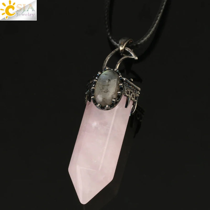 CSJA Natural Stone Crystal Pendant Half Moon Necklace