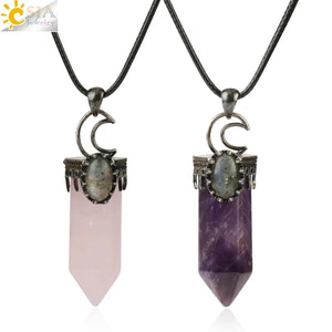 CSJA Natural Stone Crystal Pendant Half Moon Necklace