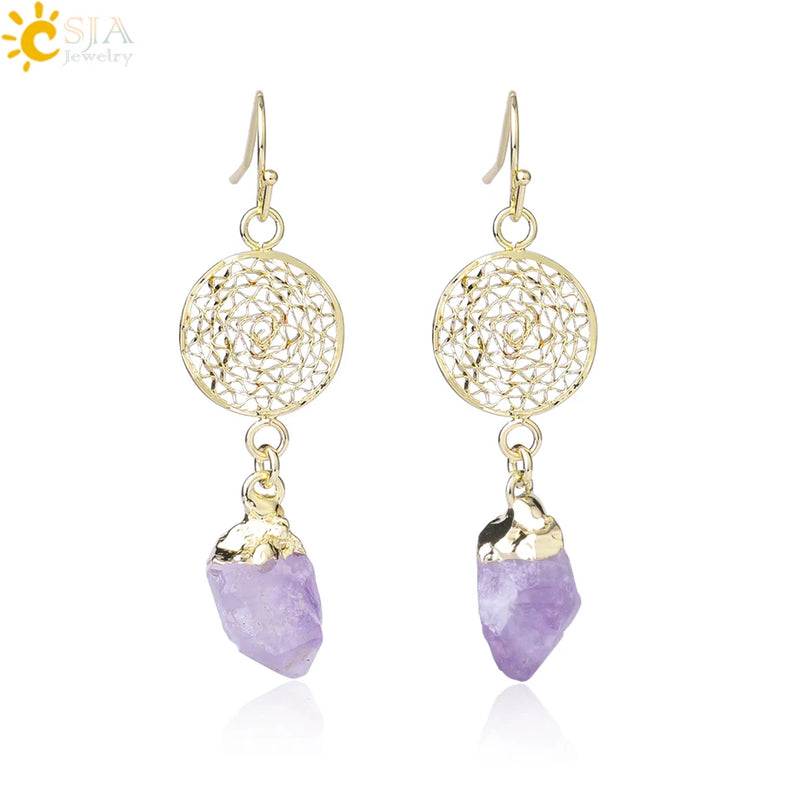 CSJA Natural Stone Earrings for Wife Citrines Purple Crystal Quartz