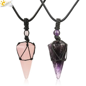 CSJA Natural Stone Crystals Necklace Pendants Roses Crystal Quartz Wrap