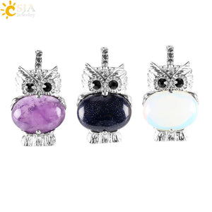 CSJA Natural Stone Owl Animal Pendant Necklace Crystal Reiki Jewellery