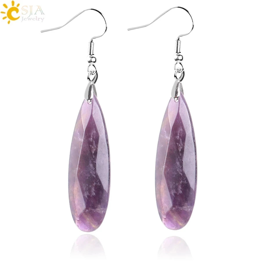 CSJA Stone Earrings Reiki Gem Beads Dangle Hook Drop
