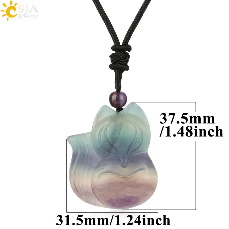 CSJA Fluorite Nine-tailed Fox Pendant Necklace Reiki Lucky G286