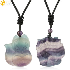 CSJA Fluorite Nine-tailed Fox Pendant Necklace Reiki Lucky G286
