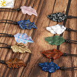 CSJA Stone Leaves Pendant Necklace for Women Healing Hand Carved Crystal