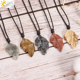 CSJA Stone Leaves Pendant Necklace for Women Healing Hand Carved Crystal