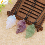 CSJA Stone Leaves Pendant Necklace for Women Healing Hand Carved Crystal
