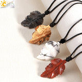 CSJA Stone Leaves Pendant Necklace for Women Healing Hand Carved Crystal
