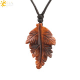 CSJA Stone Leaves Pendant Necklace for Women Healing Hand Carved Crystal