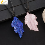 CSJA Stone Leaves Pendant Necklace for Women Healing Hand Carved Crystal
