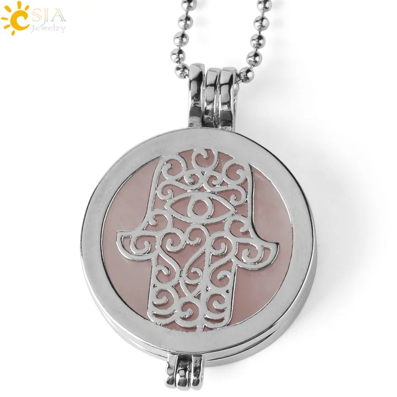 CSJA Stone Locket Pendants Hamsa Hand Essential Oil Diffuser Healing Necklace