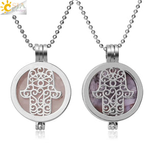CSJA Stone Locket Pendants Hamsa Hand Essential Oil Diffuser Healing Necklace