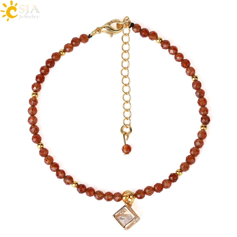 CSJA Natural Stone Mini Bracelet 3mm CZ Charm Friendship Bracelets