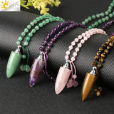 CSJA Natural Stone Bullet Pendant Long Crystal Necklace Healing Tiger Eye Quartz