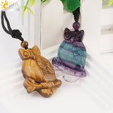CSJA Owl Pendant Necklace Healing Fluorite Crystal Carved Animal Statue