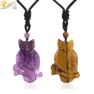 CSJA Owl Pendant Necklace Healing Fluorite Crystal Carved Animal Statue