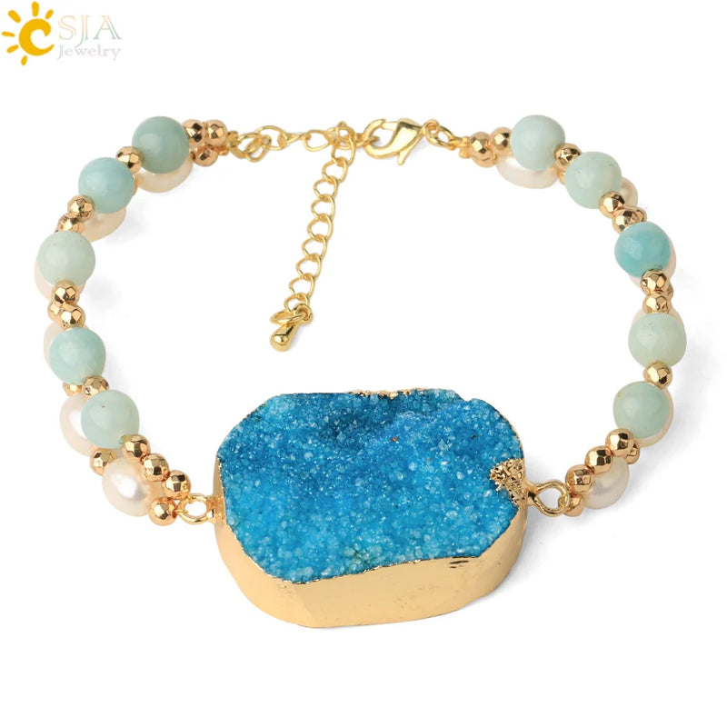 CSJA Pearl Double Layer Geode Druzy Crystal Quartz Bangle