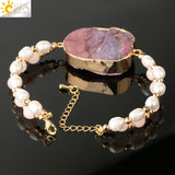 CSJA Pearl Double Layer Geode Druzy Crystal Quartz Bangle