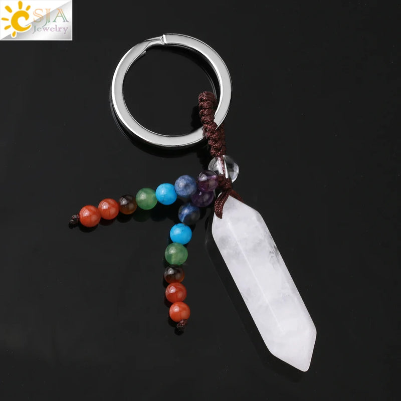 CSJA Natural Stone Pendant Keychain 7 Chakras Healing Crystals Holder G899