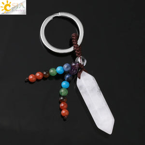 CSJA Natural Stone Pendant Keychain 7 Chakras Healing Crystals Holder G899