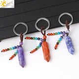 CSJA Natural Stone Pendant Keychain 7 Chakras Healing Crystals Holder G899