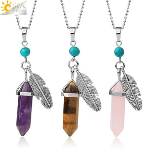 CSJA Pink Quartz Hexagonal Crystal Feather Charm Necklace G576