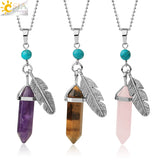 CSJA Pink Quartz Hexagonal Crystal Feather Charm Necklace G576