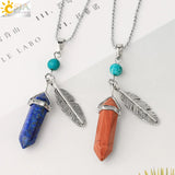 CSJA Pink Quartz Hexagonal Crystal Feather Charm Necklace G576