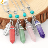 CSJA Pink Quartz Hexagonal Crystal Feather Charm Necklace G576