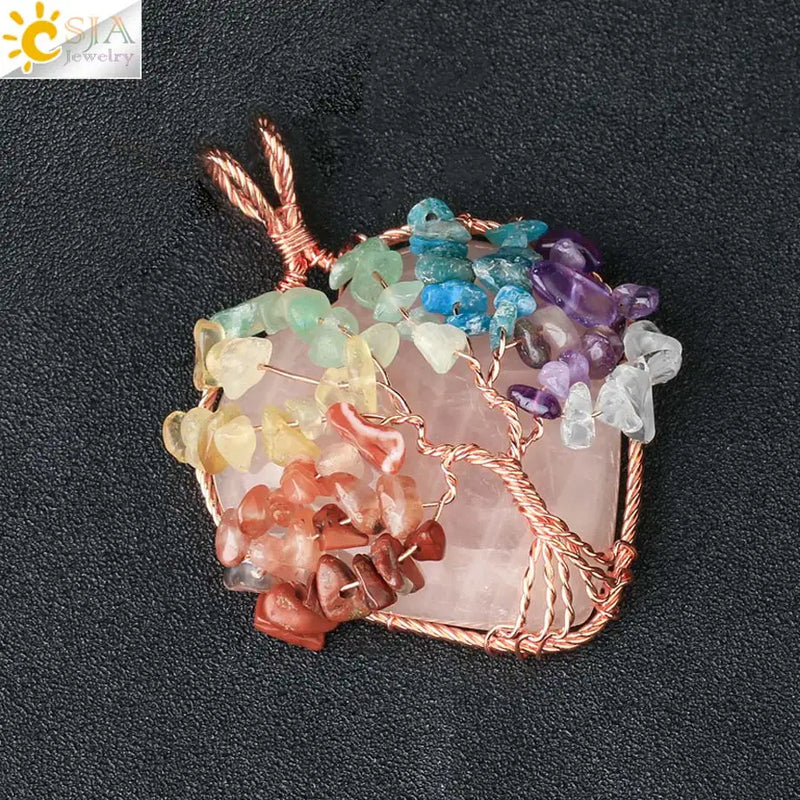 CSJA Natural Stone Pendant Tree of Life Necklaces Rose Wire Wrapped